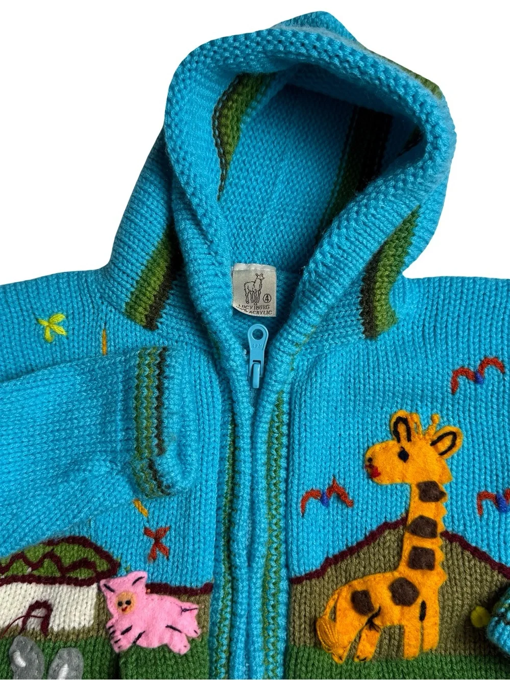 Handknit Peruvian Zip Up Hooded Sweater Lucy Iburg 4T Colorful Animals Landscape
